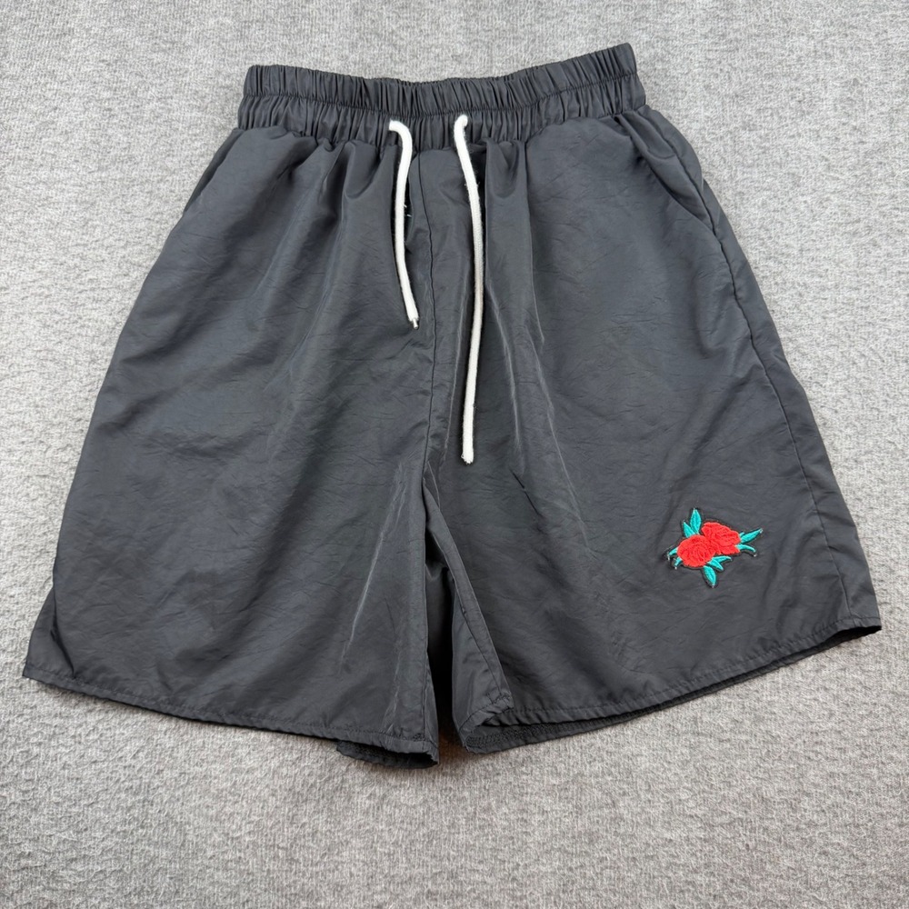 Romwe Athletic Shorts Men's Size M Black Rose‎ Floral Embroidered Drawstring